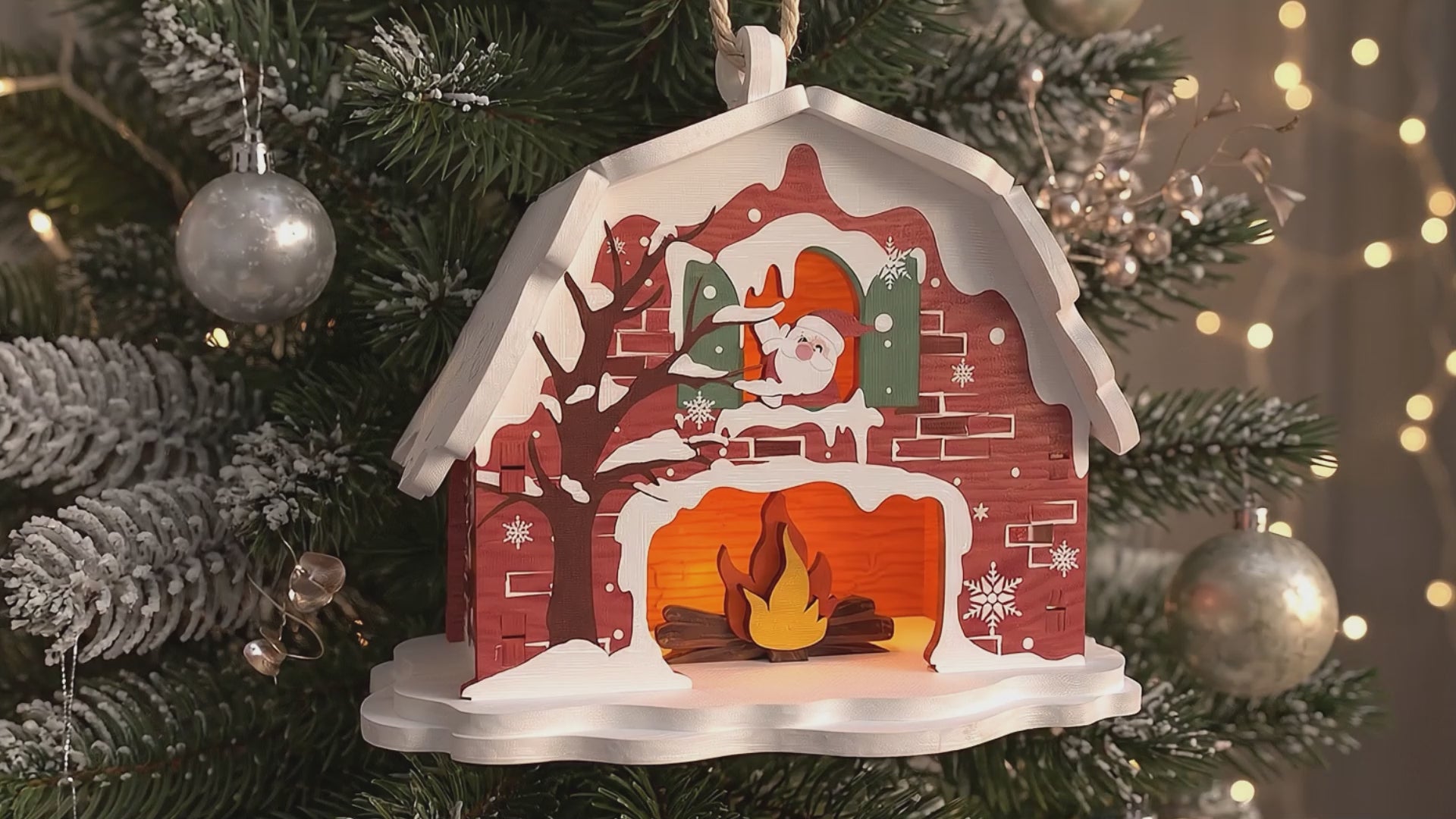 3D Christmas Cabin Hanging Ornament Santa Fireplace Light Box Universal Vector Design for All Laser Cutters xTool Glowforge CNC