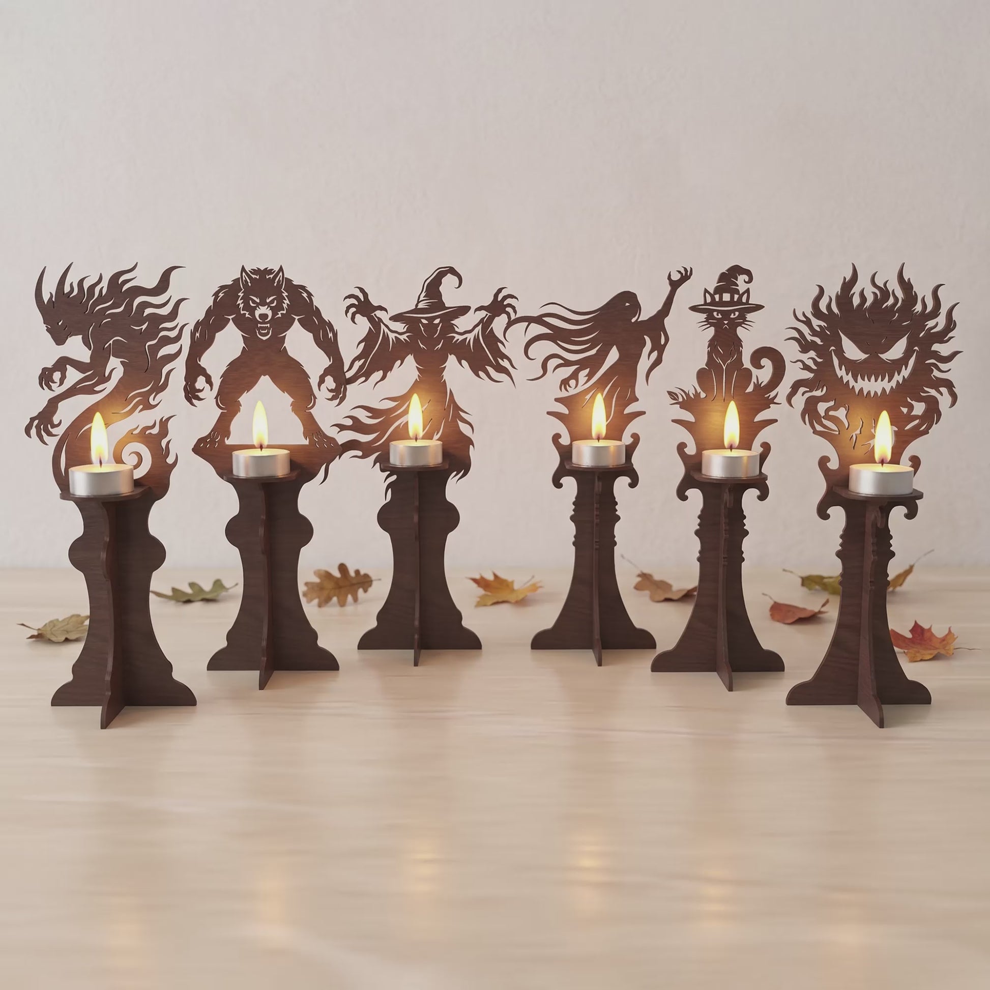 3D Halloween Pedestal Candle Holder Spooky Monster Witch Werewolf Bundle Universal Vector Design for All Laser Cutters xTool Glowforge CNC