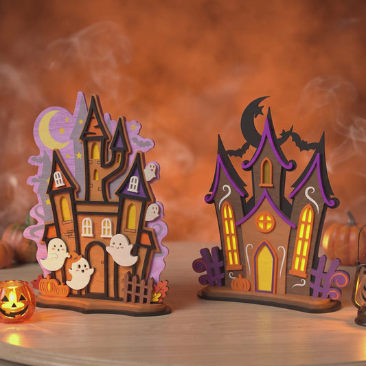 3D Halloween Haunted House Stand Ornament Bundle Spooky Ghost Moon Castle Universal Vector Design for All Laser Cutters xTool Glowforge CNC