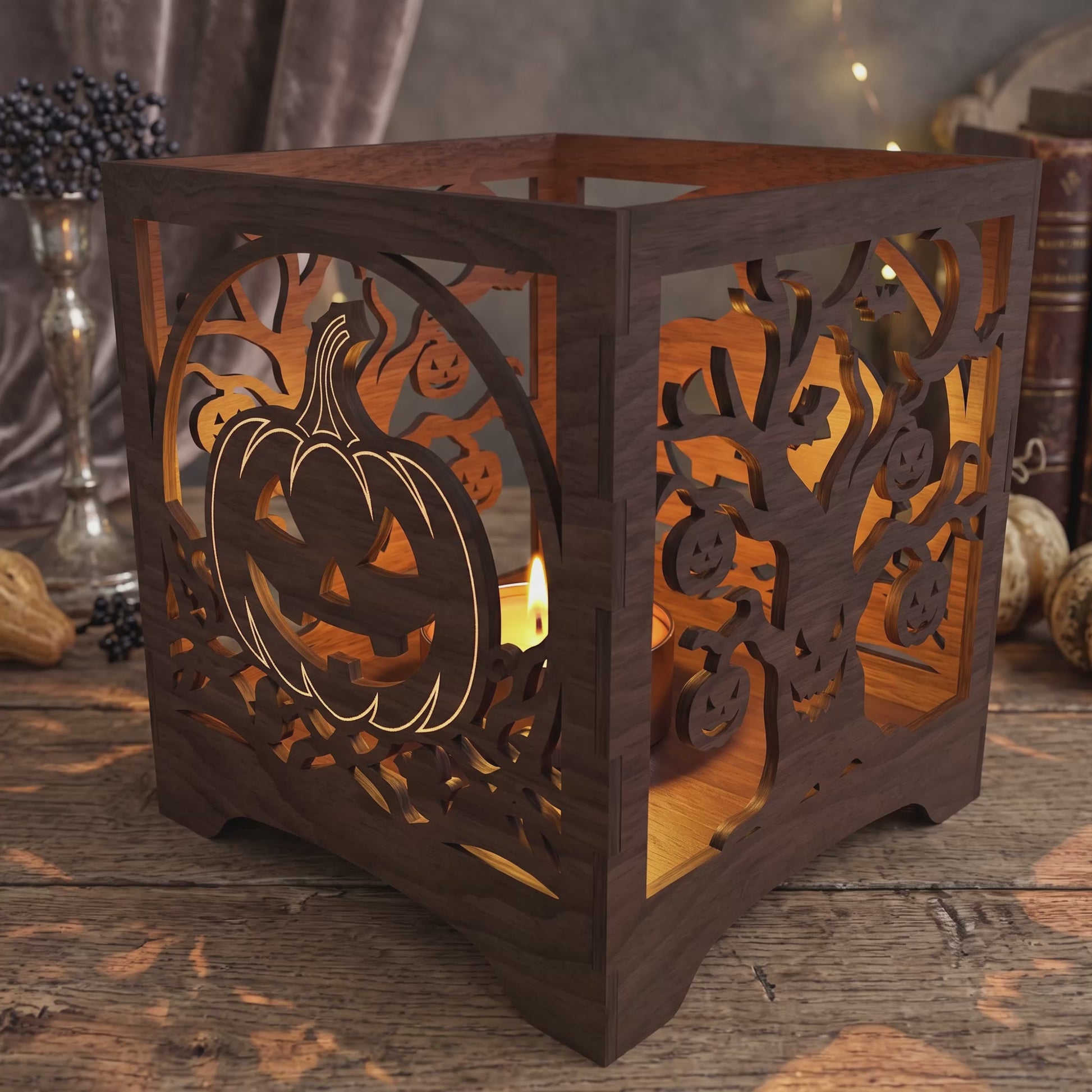 3D Halloween Lantern Tea Light Holder Cube Spooky Witch Pumpkin Bundle Laser Cut Vector Design for Glowforge Table Decor