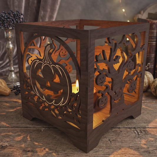 3D Halloween Lantern Tea Light Holder Cube Spooky Witch Pumpkin Bundle Laser Cut Vector Design for Glowforge Table Decor