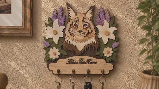 Multilayer Maine Coon Cat Key Holder Bless This Home Sign Floral Universal Vector Design for All Laser Cutters xTool Glowforge CNC