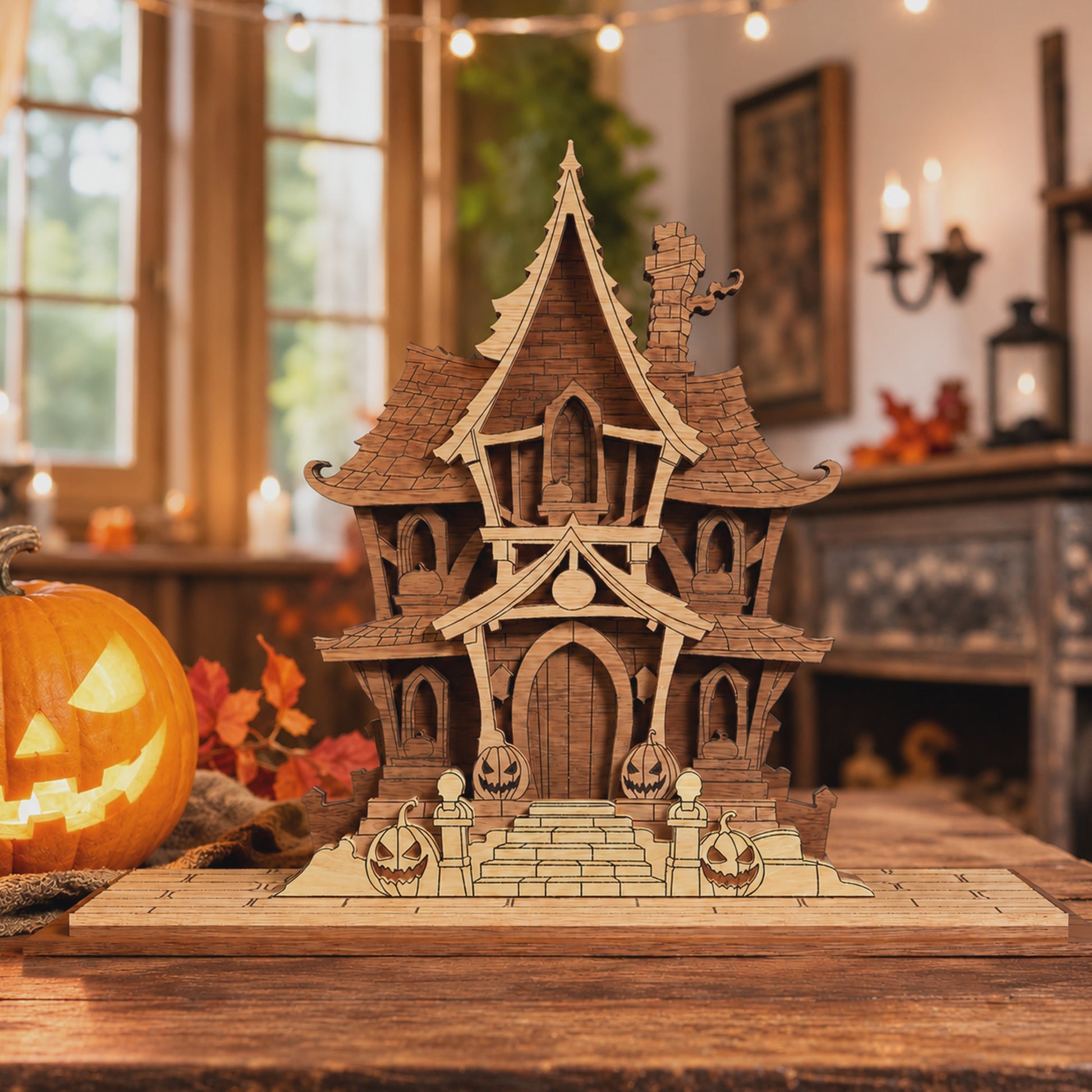3D Halloween Haunted Tower Diorama Witch Cabin House Universal Vector Design for All Laser Cutters xTool Glowforge CNC