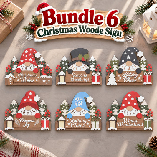 Christmas Gnome Wood Sign Bundle, 6 Layered Holiday Gnome Laser Cut Designs, Winter Wooden Decor Digital Download