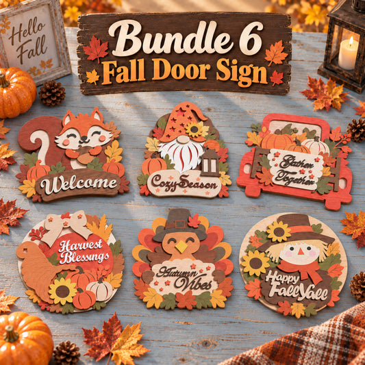 Fall Door Sign Laser Cut Bundle, 6 Autumn Wood Signs with Gnome Scarecrow Pumpkin Squirrel Turkey, Thanksgiving Decor Digital Download