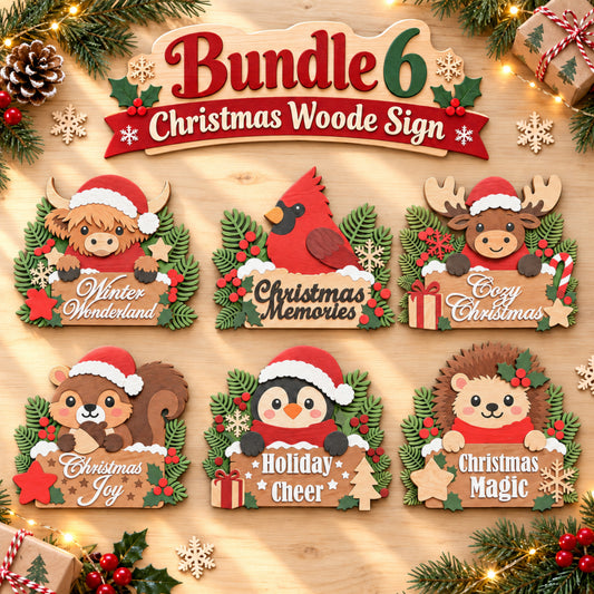 Christmas Woodland Animal Wood Sign Bundle 6, Holiday Laser Cut Decor, Highland Cow Penguin Hedgehog, Digital Download