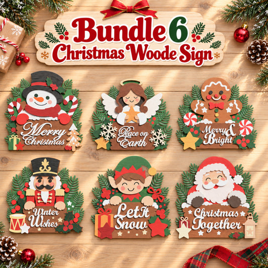 Christmas Wood Sign Bundle, 6 Layered Holiday Characters Laser Cut Decor, Santa Snowman Angel Elf Nutcracker Digital Download