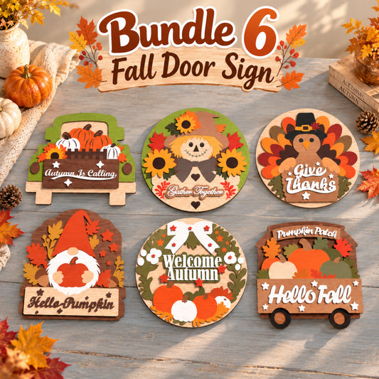 Fall Door Sign Bundle, 6 Thanksgiving Laser Cut Wood Signs, Turkey Scarecrow Gnome Pumpkin Autumn Decor Digital Download