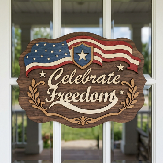 Celebrate Freedom Laser Cut File SVG DXF | Patriotic Door Sign | American Flag Layered Wood Decor | Glowforge Digital Download