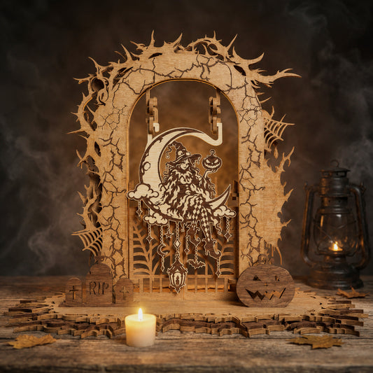 3D Halloween Witch Moon Hanging Gate Light Box Spooky Gate Universal Vector Design for All Laser Cutters xTool Glowforge CNC Table Decor