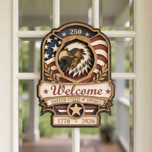 Patriotic Eagle Welcome Door Sign SVG | USA 250th Anniversary Layered Laser Cut File | American Flag Wooden Door Hanger | 1776–2026 CNC Design