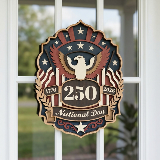 USA 250 National Day SVG | Patriotic Eagle Layered Laser Cut File | American Anniversary Wood Sign | 1776–2026 Door Hanger for Glowforge