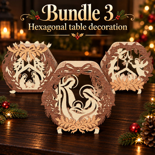 Christmas Nativity Lantern Bundle, 3 Hexagonal Table Decorations, Christian Laser Cut Wood Decor, Holiday Tabletop Digital Download