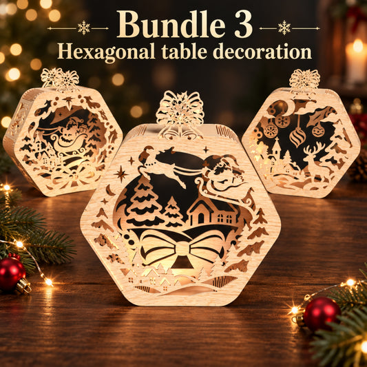 Christmas Hexagon Lantern Bundle, 3 Laser Cut Wooden Table Decorations, Santa Sleigh Reindeer Holiday Decor, Digital Download