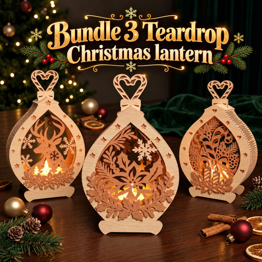 Teardrop Christmas Lantern Bundle, Reindeer Poinsettia Candle Holder, Laser Cut Table Decor, Digital Download