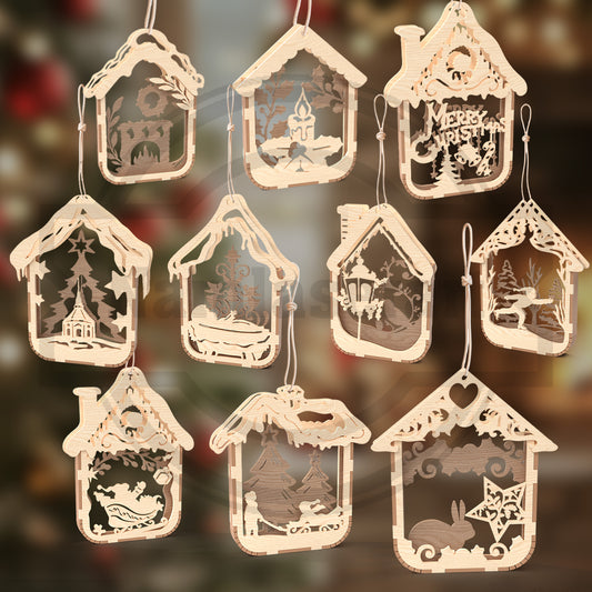 Christmas House Ornament SVG Bundle | Layered Winter Cottage Ornament Files | Holiday Shadow Box Decorations for Glowforge, xTool & LightBurn
