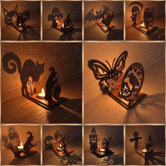 3D Halloween Silhouette Tea Light Holder Spooky Witch Vampire Skull Pumpkin Bundle Laser Cut Vector Design for Glowforge Table Decor