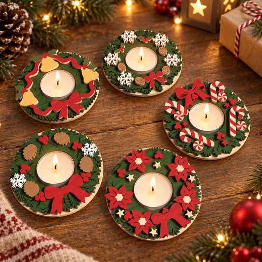 Christmas Wreath Tea Light Holder Laser Cut Bundle, 5 Layered Wooden Candle Holder Designs, Holiday Table Decor Digital Download