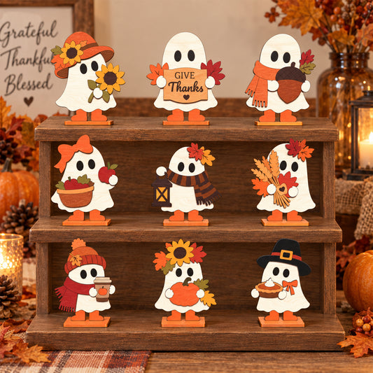 Thanksgiving Ghost Shelf Sitter Bundle, 9 Cute Fall Ghost Standee Laser Cut Designs, Autumn Table Decor Digital Download