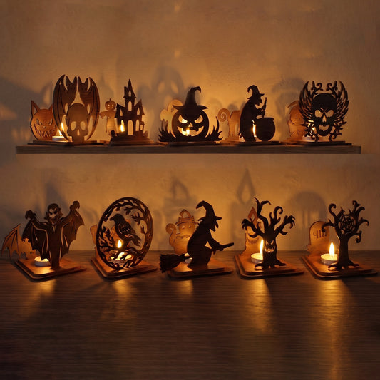 3D Halloween Silhouette Tea Light Holder Spooky Witch Vampire Skull Pumpkin Bundle Laser Cut Vector Design for Glowforge Table Decor