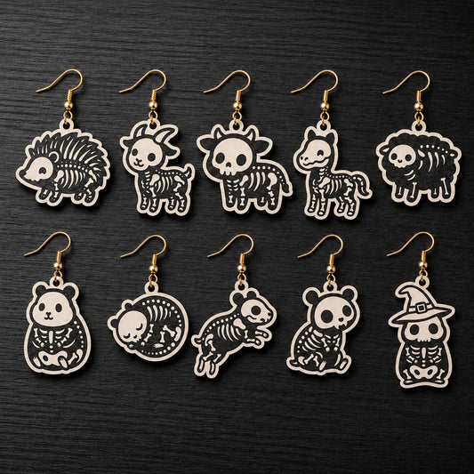 3D Halloween Skeleton Animals Earrings Panda Sheep Hedgehog Cow Universal Vector Design for All Laser Cutters xTool Glowforge CNC