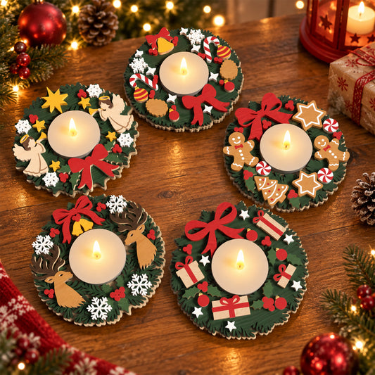 5 Christmas Wreath Candle Holder Laser Cut Bundle, Wooden Tealight Holiday Table Decor, Christmas Centerpiece Digital Download