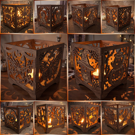 3D Halloween Lantern Tea Light Holder Cube Spooky Witch Pumpkin Bundle Laser Cut Vector Design for Glowforge Table Decor