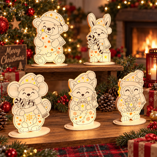 Christmas Animal Standee Laser Cut Bundle, 5 Cute Woodland Holiday LED Table Decor Designs