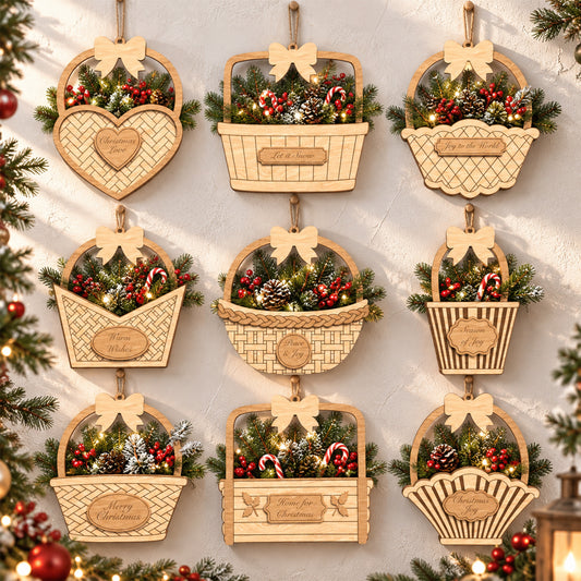 Christmas Basket Door Sign Bundle, Wooden Holiday Hanging Basket Decor, Layered Laser Cut Wall Sign, Digital Download