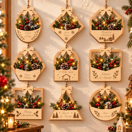 Bundle of 9 Christmas Hanging Basket Laser Cut Designs, Wooden Wall Pocket Greenery Holder, Holiday Wall Decor, Digital Download