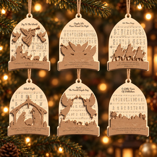 Christian Nativity Christmas Ornament Bundle, 6 Laser Cut Wooden Hymn Ornaments, Holy Family Angels Three Kings Bethlehem Decor, Digital Download