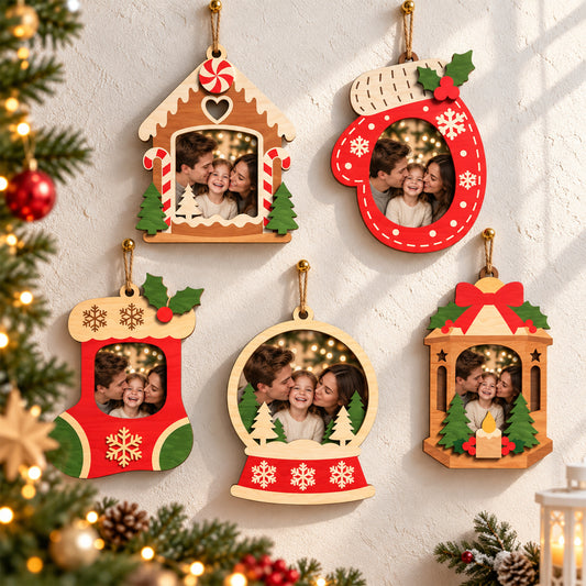 Bundle 5 Christmas Photo Frame Ornament Laser Cut Files, Wooden Family Picture Frames, Stocking Snow Globe Mitten Lantern, Digital Download