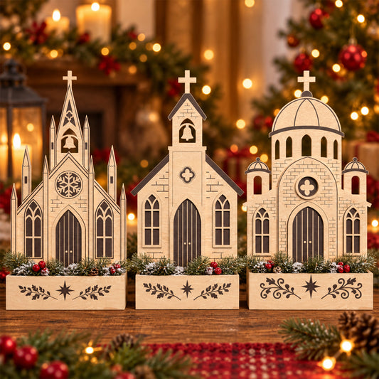 Bundle 3 Christmas Church Laser Cut Files, Wooden Church Table Decor, Christian Holiday Centerpiece, Religious Christmas Digital Download
