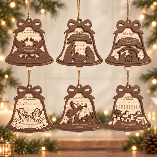 Christmas Bell Ornament Bundle 6, Christian Nativity Hymn Wood Decor, Religious Christmas Laser Cut Digital Download