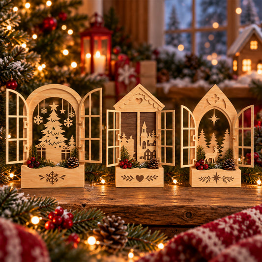 Bundle 3 Christmas Window Decor Laser Cut Files, Wooden Christmas Table Decor, Holiday Window Scene SVG, Winter Shelf Decor, Digital Download