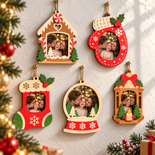 Bundle 5 Christmas Photo Frame Ornament Laser Cut Files, Wooden Family Picture Frames, Stocking Snow Globe Mitten Lantern, Digital Download