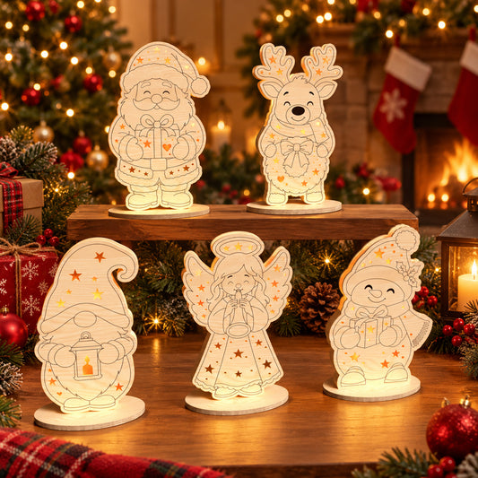 Christmas Character Shelf Sitter Laser Cut Bundle, 5 Santa Reindeer Gnome Angel Snowman Wooden Table Decor Designs