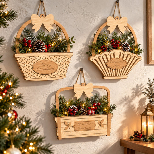 Christmas Basket Door Sign Bundle, Wooden Holiday Hanging Basket Decor, Layered Laser Cut Wall Sign, Digital Download