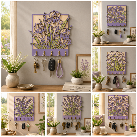 SVG DXF File Floral Flower Key Holder Laser Cut Bundle 3D Vector Design for Glowforge Wall Art Home Decor | CUTSVG.COM