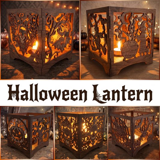 3D Halloween Lantern Tea Light Holder Cube Spooky Witch Pumpkin Bundle Laser Cut Vector Design for Glowforge Table Decor