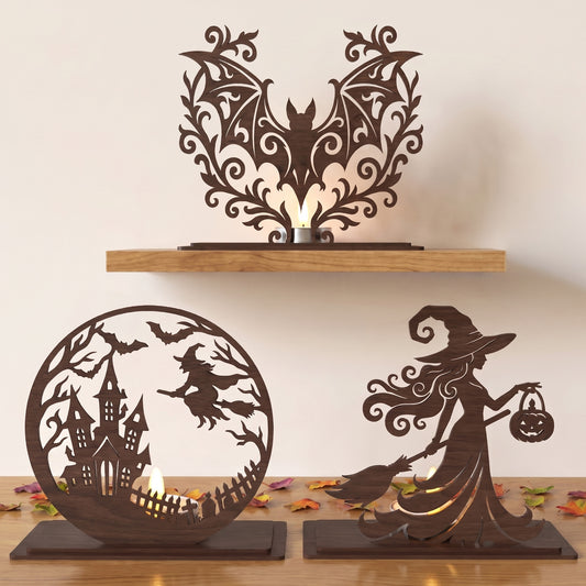 3D Halloween Silhouette Tea Light Holder Witch Bat Castle Bundle Universal Vector Design for All Laser Cutters xTool Glowforge CNC