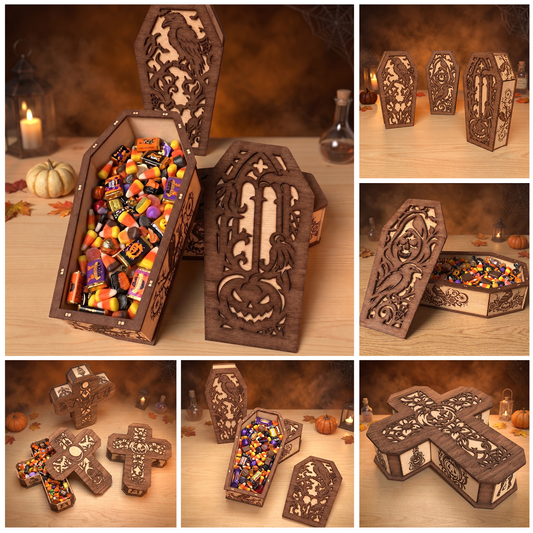 3D Halloween Coffin Cross Candy Box Lantern Spooky Skull Raven Pumpkin Bundle Laser Cut Vector Design for Glowforge Table Decor