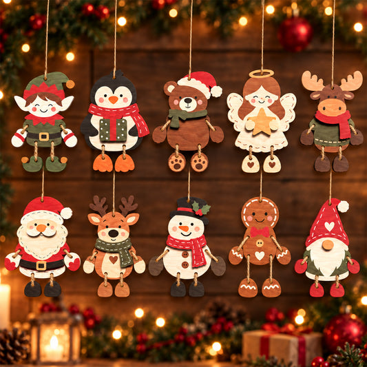 10 Christmas Dangle Ornament Laser Cut Bundle, Santa Reindeer Snowman Gingerbread Gnome Wood Decorations, Digital Download