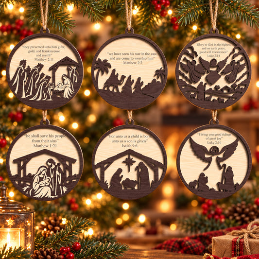 Christian Christmas Ornament Bundle, 6 Nativity Bible Verse Laser Cut Ornaments, Holy Family Angel Wise Men Decor, Digital Download