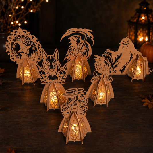 3D Halloween Lantern Tea Light Holder Spooky Grim Reaper Witch Anubis Bundle Laser Cut Vector Design for Glowforge Table Decor