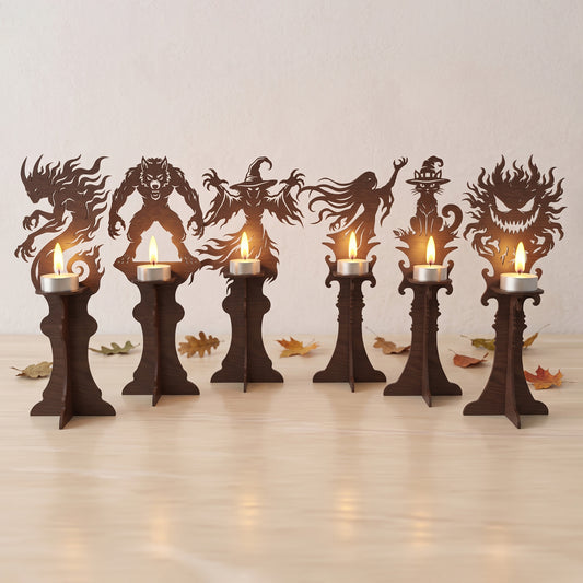 3D Halloween Pedestal Candle Holder Spooky Monster Witch Werewolf Bundle Universal Vector Design for All Laser Cutters xTool Glowforge CNC