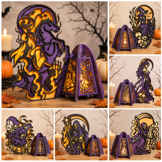 3D Halloween Layered Witch Cat Stand and Lantern Spooky Pumpkin Bundle Laser Cut Vector Design for Glowforge Table Decor