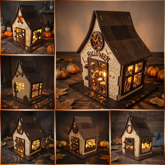 3D Halloween Haunted House Lantern Trick or Treat Light Box Laser Cut Vector Design for Glowforge Table Decor