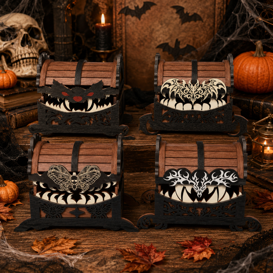 3D Halloween Gothic Mimic Dice Chest Box Vampire Bat Moth Bundle Laser Cut Wood Holder Design for Glowforge Table Decor