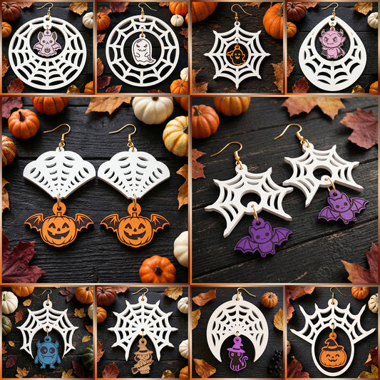 3D Halloween Earrings Bundle Spider Web Cute Ghost Bat Pumpkin Universal Vector Design for All Laser Cutters xTool Glowforge CNC